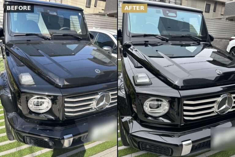 黒いSUVのフロント部分の施工前と施工後の比較写真